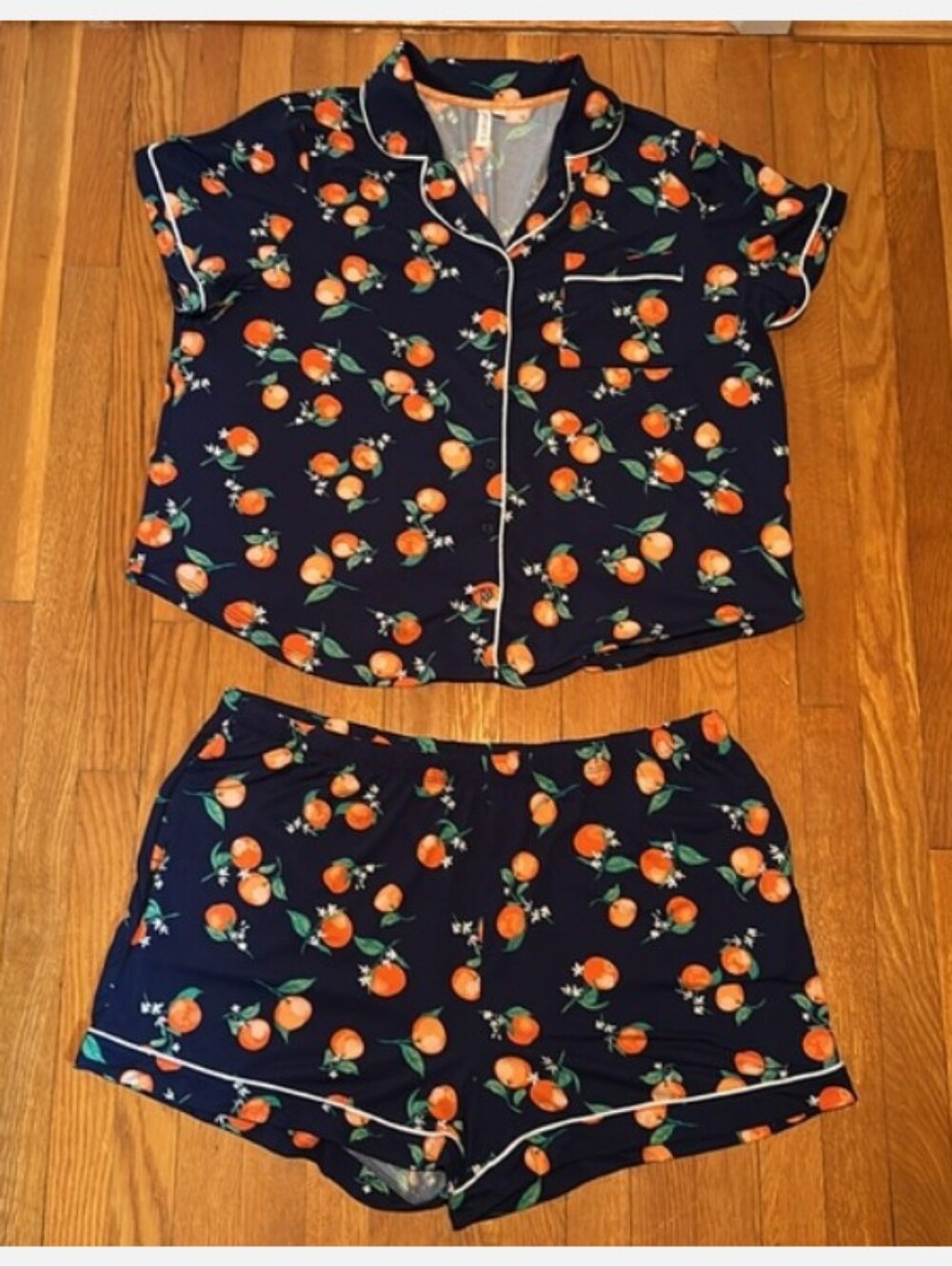 2X(18-20)Navy 🍊 Orange-Print Short Sleeve Pajama Top With Matching Shorts